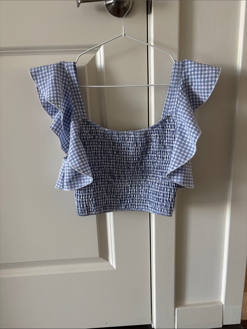 superdown REVOLVE Blue Gingham Ruffle Smocked Crop Top